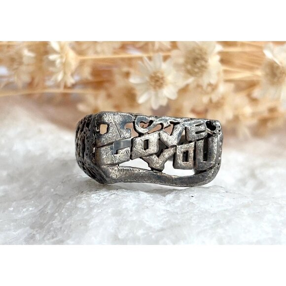 I Love You - Hand Carved Straight Shank 925 Sterling Silver Vintage Ring - sz 9 - Picture 1 of 12